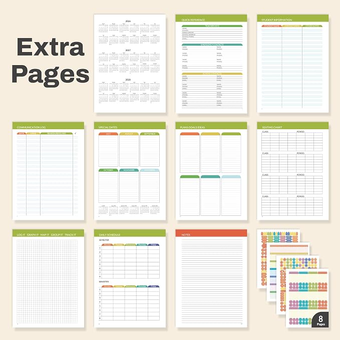 SUNEE Deluxe Teacher Planner 2026-2027, Lesson Planner Book with 7 Periods Jul 2026 - Jun 2027, 8.5" x 11" Daily Weekly and Monthly Organizers with Colorful Tabs, Planning Stickers,120gms Paper, Black