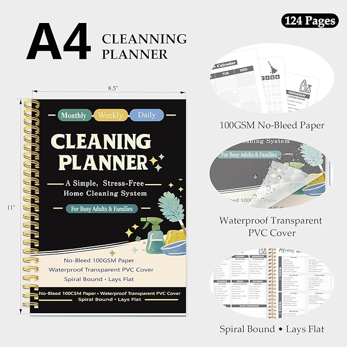 Cleaning Planner & Chore Checklist Organizer – Monthly Weekly Daily Cleaning Schedule Notebook, No-Bleed 100GSM Paper, Waterproof Transparent PVC Cover, Spiral Bound Home Cleaning Planner for Busy Families