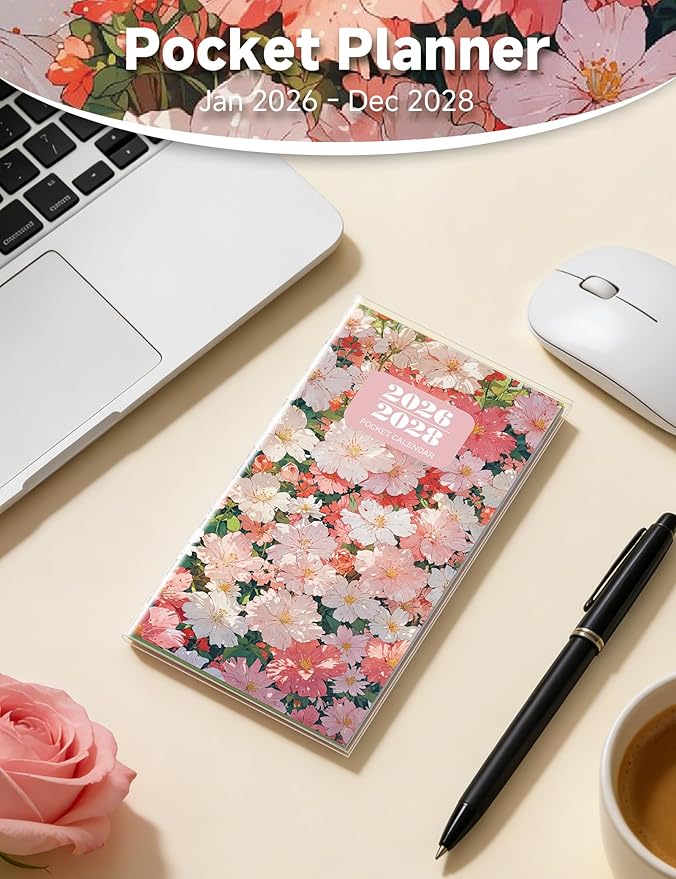 Pocket Calendar 2026-2028 Floral Series, Monthly Planner Jan 2026 to Jul 2028 (3.7" x 6.7") Perfect Purse Calendar, Pocket Agenda with Protective Plastic Sleeve-Blush Floral