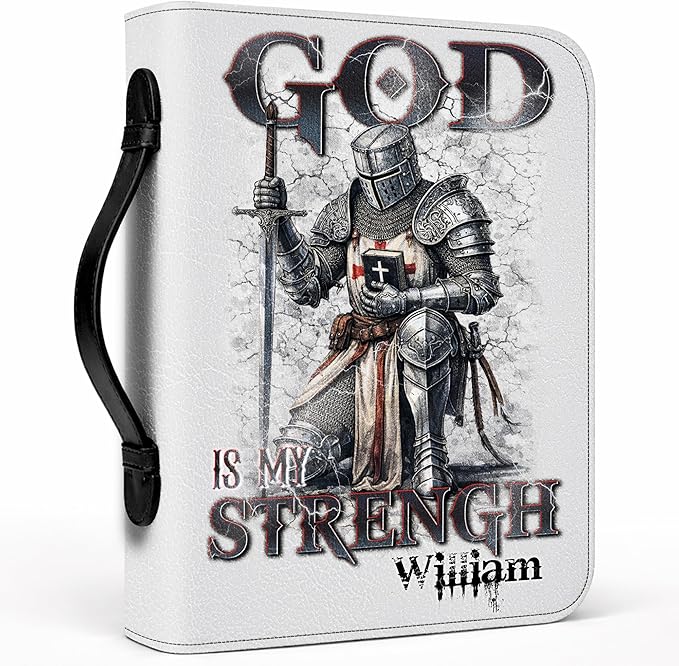Custom Leather Bible Cover with Name – Personalized Bible Case for Women Zippered with Handle, Bookmark & Storage Pockets, Christian Gift for Mom, Daughter, Grandma (Man - God is My Strength, M-2XL)