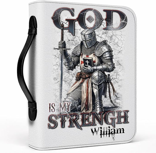 Custom Leather Bible Cover with Name – Personalized Bible Case for Women Zippered with Handle, Bookmark & Storage Pockets, Christian Gift for Mom, Daughter, Grandma (Man - God is My Strength, M-2XL)