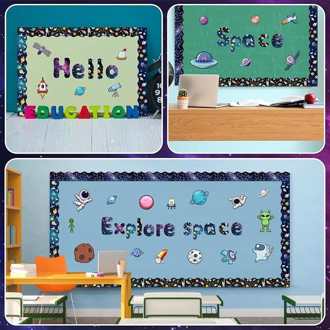 221 Pcs Space Bulletin Board Letters, Round Alphabet Number Punctuation Symbol Combo Letter Cutouts, Galaxy Classroom Decor for School Classroom Chalkboard Poster Bulletin Board Wall