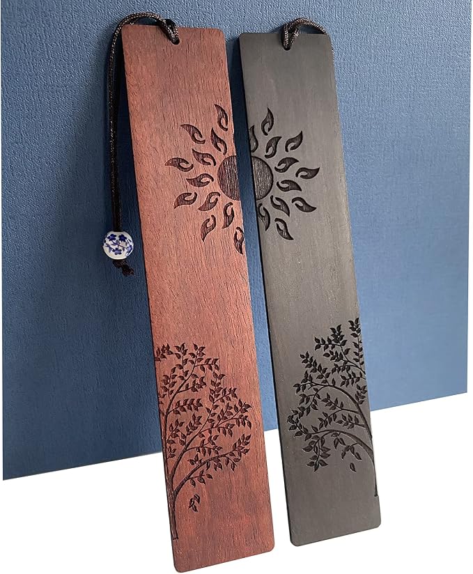 2 Pcs Wood Bookmark, Unique Bookmarks Gift for Men Women, Book Marks Accessories (Sun and Tree)