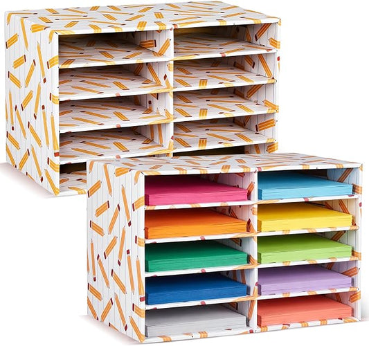 Dispowreath 2 Pack 10 Slots Construction Paper Storage, Classroom Mailboxes, Back to School Literature Cardboard Paper Organizer for Teacher, Office, 19.7 x 12.4 x 11.8 Inches(Yellow,Pencil)