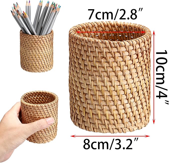 BTSKY 3 Pack Rattan Pen Cup, Handmade Desk Pencil Holders Makeup Brush Holder Multi-Functional Woven Basket Office&Home Desktop Organizer (Cylinder)