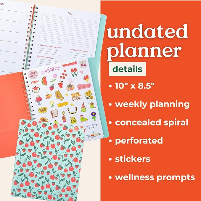 ban.do Undated Weekly Planner, Concealed Spiral Notebook with Stickers, To-Do Lists, Guided Wellness Journal, Daily Organizer for School or Office (Cherries and Strawberries Teal)