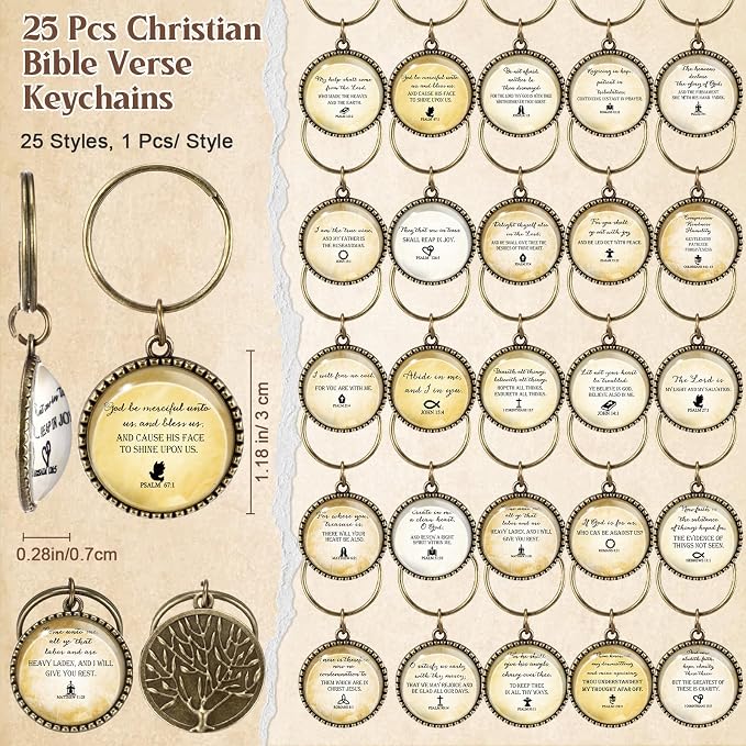 Feifeiya 75 Pcs Father's Day Christian Gifts Bulk 25 Bible Verse Pens 25 Religious Keychains 25 Emergency Number Bookmark Christian Church Gifts for Men Pastor Sunday School Church VBS(Brown,Stylish)