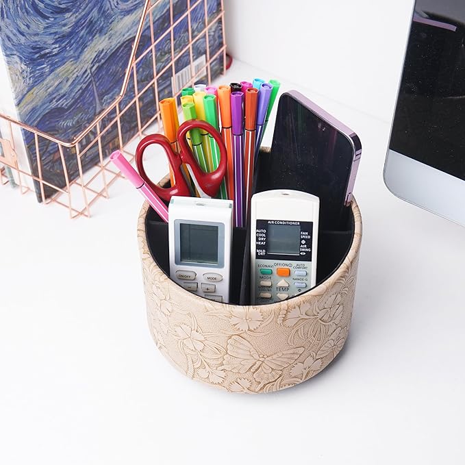 Round Leather Art Supply Organizer,Remote Control Holder,360-degree Rotating Pen Organizer with 4 Compartments(1-Butterfly Brown)