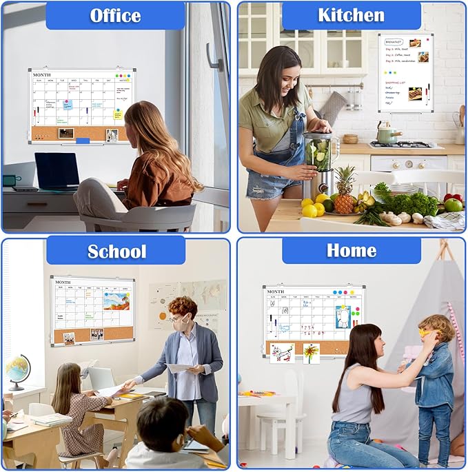 Monthly Calendar Whiteboard Dry Erase Cork Board Combo for Wall, 30" x 20" Magnetic Double-Sided Calendar White Board and Bulletin Board, Portable Board for Office, Kitchen, School, Home, Dorm
