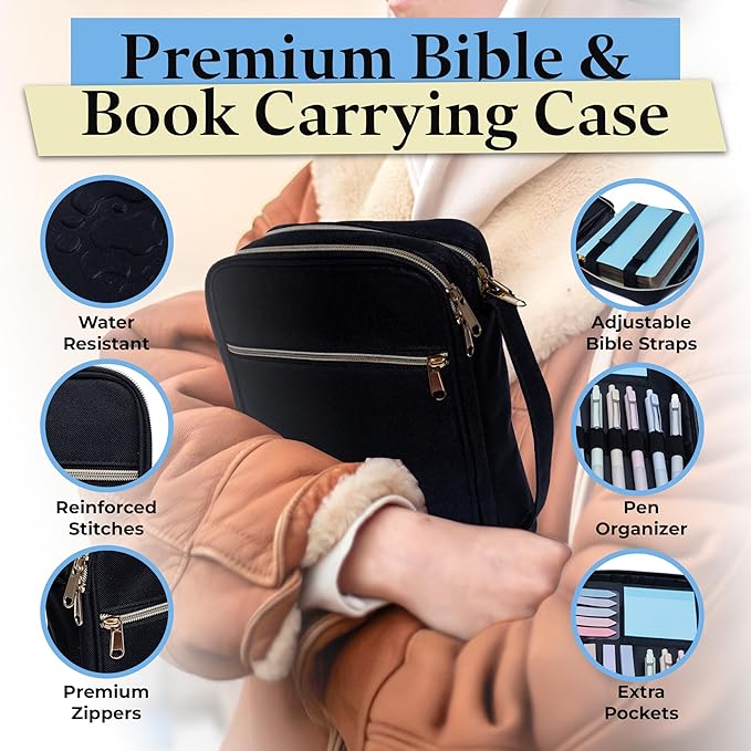 S.F. Creations Premium Bible Carrying Case – Premium Bible Case for Women with Adjustable Straps, Dual Compartments, Extra Pockets for Pens, Book Cover for Teens & Kids, Black w/Gold Zipper Full Kit