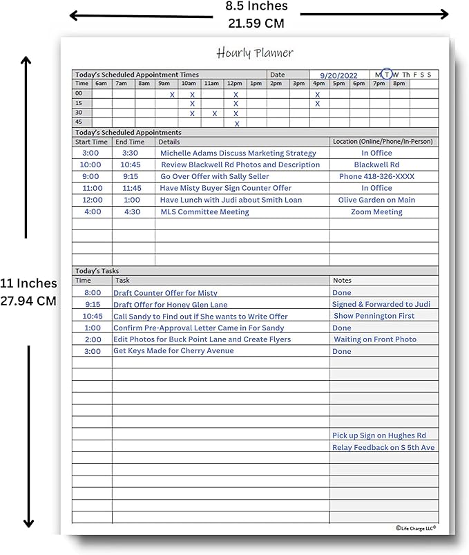 Life Charge Hourly Planner Notepad. 60 Page Planning Pad w/Appointment Time Block, Task Log List & Note Sections. For Office Work Schedule & Time Management. 8.5 X 11, A4 Sheets.