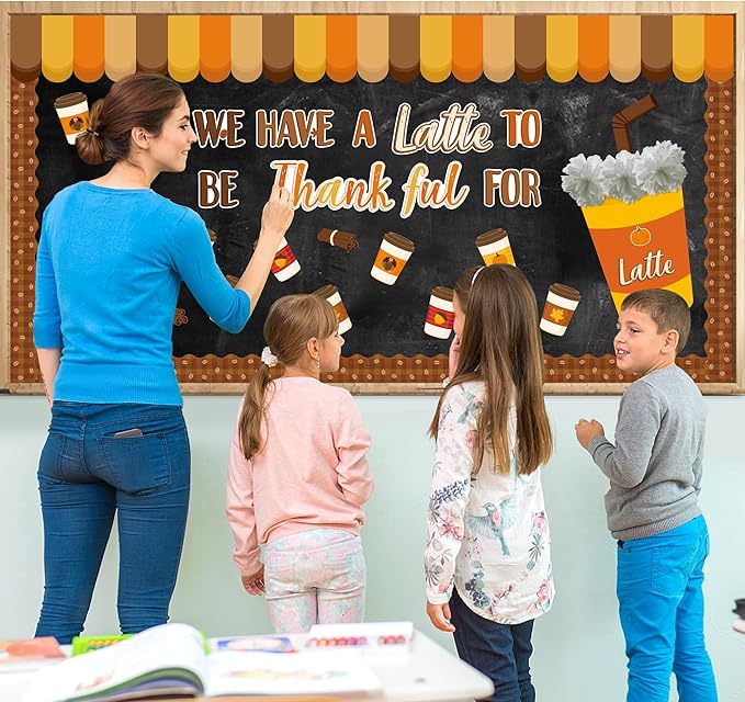 BeYumi Thanksgiving Latte Bulletin Board - 81Pcs We Have A Latte To Be Thankful For Bulletin Board Fall Coffee Cup Cutout with Tissue Paper Pompoms School Classroom Chalkboard Wall Supplies Decoration