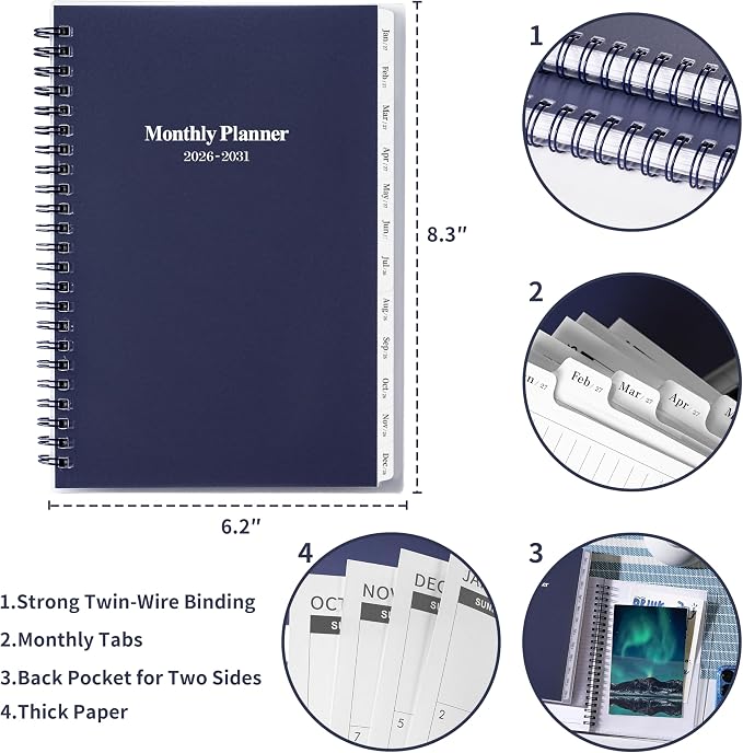 2026-2031 Monthly Planner/Calendar - Jul. 2026 - Jun. 2031, 5 Year Monthly Planner with Tabs, 6.4" x 8.5", 60 Monthly Planner, Two-Side Pocket, 9 Notes Pages, Suitable for Long-Term Planning - Blue