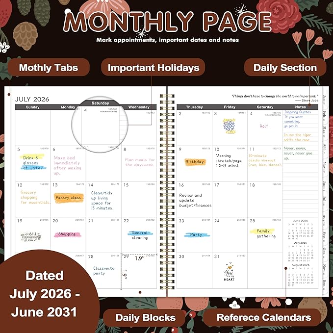 2026-2031 Monthly Planner - 5 Year Planner/Calendar, 5 Year Calendar 2026-2031 Monthly Planners with Tabs, Jul. 2026 - Jun. 2031, 9" x 11", Twin-Wire Binding, Double-Side Pocket - Pinecone