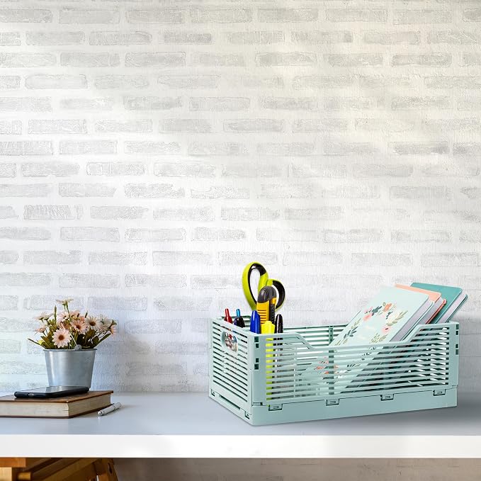 CTG Truu Design Folding Plastic Crates, 30.5 x 20.3 x 11.4cm, Seafoam, 1Pack, Stackable Collapsible Storage Baskets Organizer for Home Office and Outdoor