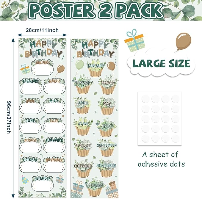Greenery Eucalyptus Happy Birthday Poster Chart Calendars Bulletin Board Decorations Sage Green Birthday Classroom Wall Door Decor for Bulletin Boards Nursery Home Kindergarten Back to School Supplies