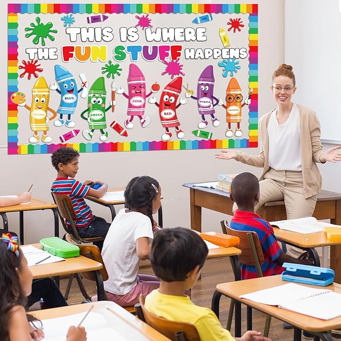 gisgfim Color Crayon Bulletin Board Decorations Set This is Where The Fun Classroom Decor Colorful Crayons Paper Cutouts Back to School Bulletin Board Decor for School Home Chalkboard Wall
