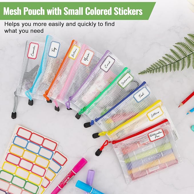 AOBOPLE 36pcs Mesh Zipper Pouch,4.9x6.3 inch Waterproof Zipper Bags with Colored Stickers 9 Colors Plastic Zippered Pouches Small Organizing Bags for Travel Storage and Office Supplies