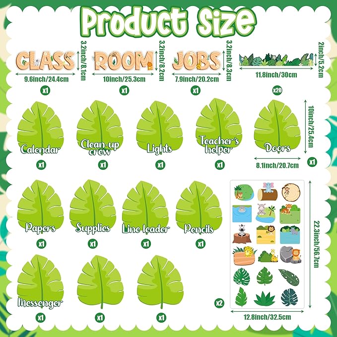 BeYumi Classroom Jobs Bulletin Board - 76Pcs Back to School Jungle Animal Class Jobs Bulletin Board Decoration Set Palm Tree Leaf Paper Cutouts Teacher's Helper Chalkboard Wall Decor for Kids Students