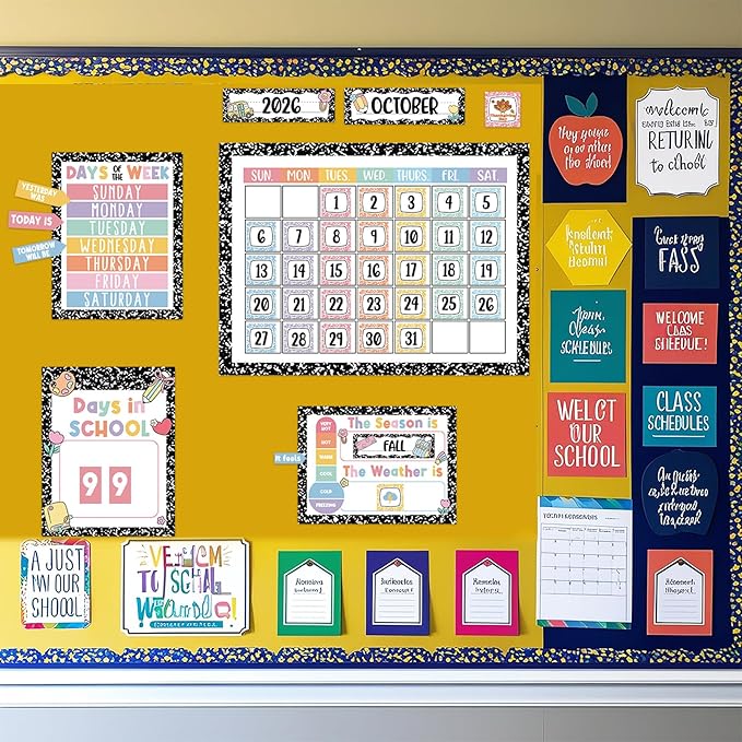 Whaline Composition Notebook Calender Bulletin Board Decorations Composition Classroom Calender Set with Chart Cutouts for Back to School Party Supplies