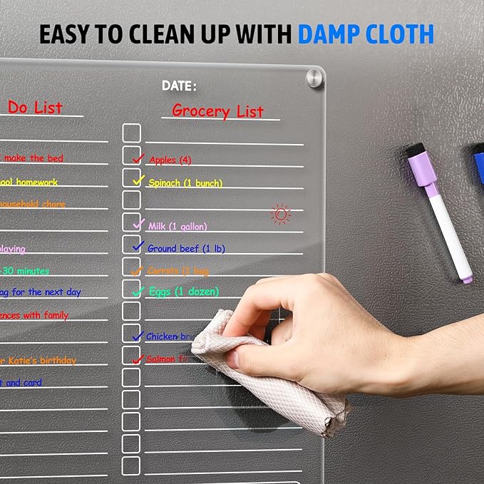 Acrylic Magnetic to Do List Board for Refrigerator, Grocery List Magnet Pad for Fridge with 8 Color Mrakers, Clear Planning Board for Shopping List/Reminders/Events/Meetings-14.5''*11.5''