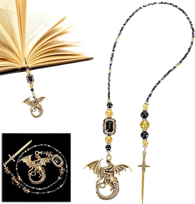 Fourth Wing Bookmark Gifts - Gold Fantasy Dragon Sword Beaded Bookmarks for Men Book Lovers Crystal Bead Chain Page Marks School Office Reading Accessories Bookish Gift for Birthday Christmas