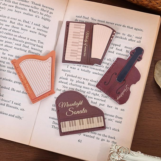 4PCS Leather Musical Instrument Bookmarks，Cute Corner Book Marks Sets for Reading，Art Read Lover Gifts for Women Men Girls Kids Reader，Pretty Book Markers for Reading, Aesthetic Gifts for Planner