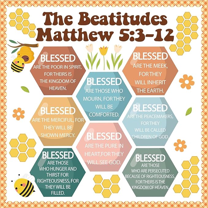 QOUBAI Christian Bulletin Board Decoration The Beatitudes Matthew 5:3-12 Classroom Decoration Motivational Bible Verse Poster Paper Cutouts for Back to School Sunday School Church Parish Decor（Groovy）