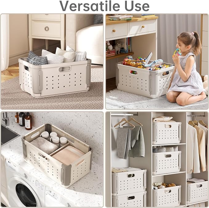 Plastic Folding Storage Baskets with Divider, 42L Collapsible Storage Crates with Handles, Stackable Heavy Duty Versatile Box Organizers for Clothes, Books, Snacks, Shoes and Grocery