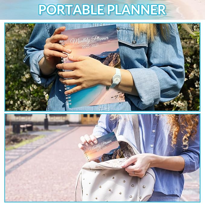 Monthly Planner 2025-2027, Monthly Calendar July 2025 - December 2027, A5 Planner 2025-2026 with Coil, 5.9'' x 8.4'', Perfect for Office School Supplies Organizing Planning - Beach