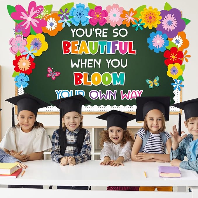 Spring Floral Bulletin Board Bloom Your Own Way Bulletin Board Decorations Inspirational Floral Butterfly Paper Cutouts for Summer School Office Home Nursery Chalkboard Wall Door Supplies