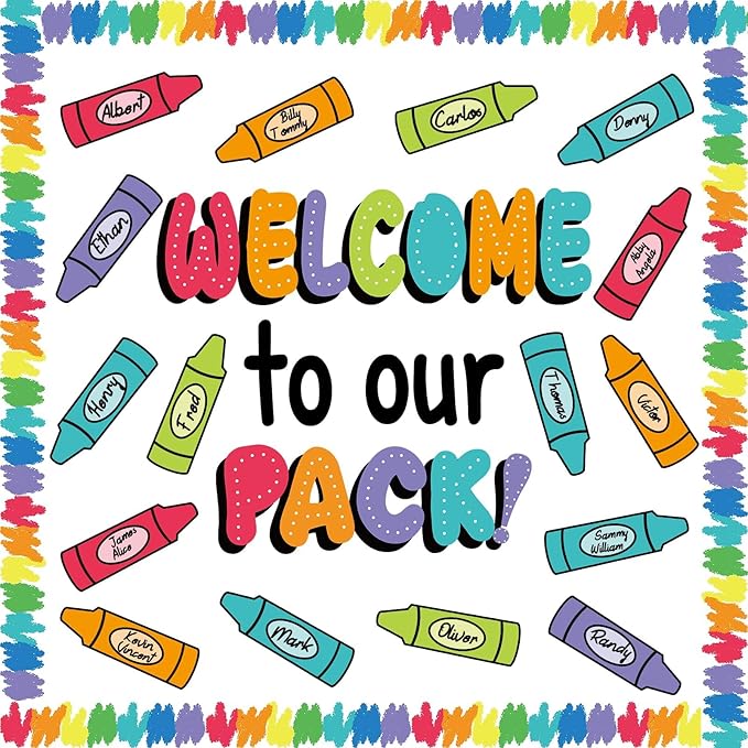 VABAMNA 63Pcs Classroom Bulletin Board Decorations Set - Welcome to Our Pack Crayon Cutouts with Border Trims for School Classroom Door Home Wall Decorations