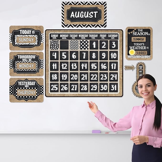 Cholemy 85 Pcs Calendar Bulletin Board Set Classroom Calendar Bulletin Board with Numbers Month Weather Classroom Decoration Wall Decor for Chalkboard Back to School Supplies(Rustic)