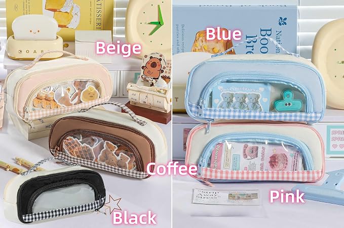 Cute Kawaii Pencil Case Pouch Sweet Check Window Pen Box Holder Organizer for Office Workspace Supplies Desk Accessories Travel Essentials Aesthetic Trendy Cool Stuff Gift Handy Handle (Pink)