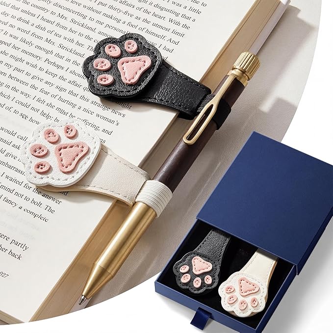 2Pcs Magnetic Bookmarks with Gift Box Magnetic Pen Holder for Notebook Cat Book Marks Clip Gift for Book Lover Readers Cute PU Leather Bookmark for Women, Paw (White+Black)