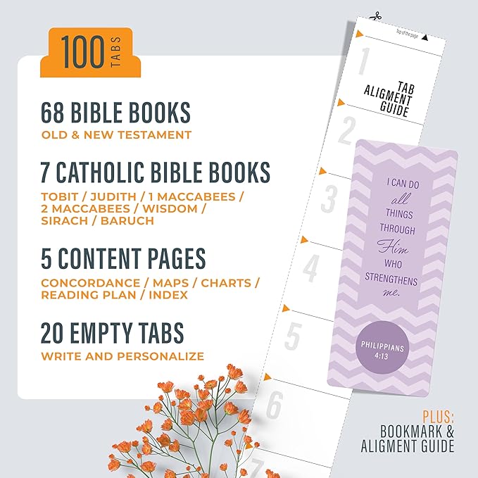 OFFILICIOUS Kawaii Bible Book Tabs – 100 Soft-Touch, Laminated Protestant & Catholic Bible Tabs – Bible Accessories – Durable Tabs for Bible – Bible Tabs Large Print – Pink Bible Tabs for Women