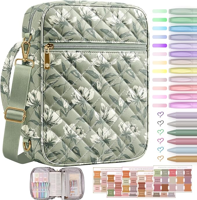 BellaHold Bible Cover Case for Women, Large Bible Bag with Detachable Strap & Bible Study Supplies, 12 Highlighters, 6 Colored Gel Pens & 75 Bible Tabs, Christian Gifts for Women (Sage Green Floral)