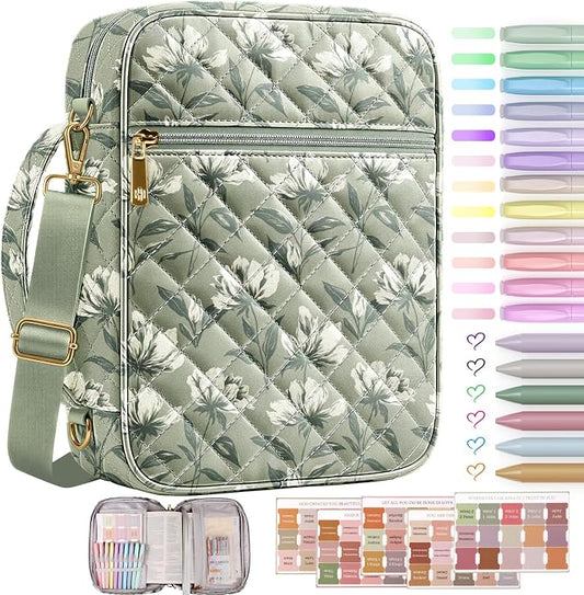 BellaHold Bible Cover Case for Women, Large Bible Bag with Detachable Strap & Bible Study Supplies, 12 Highlighters, 6 Colored Gel Pens & 75 Bible Tabs, Christian Gifts for Women (Sage Green Floral)