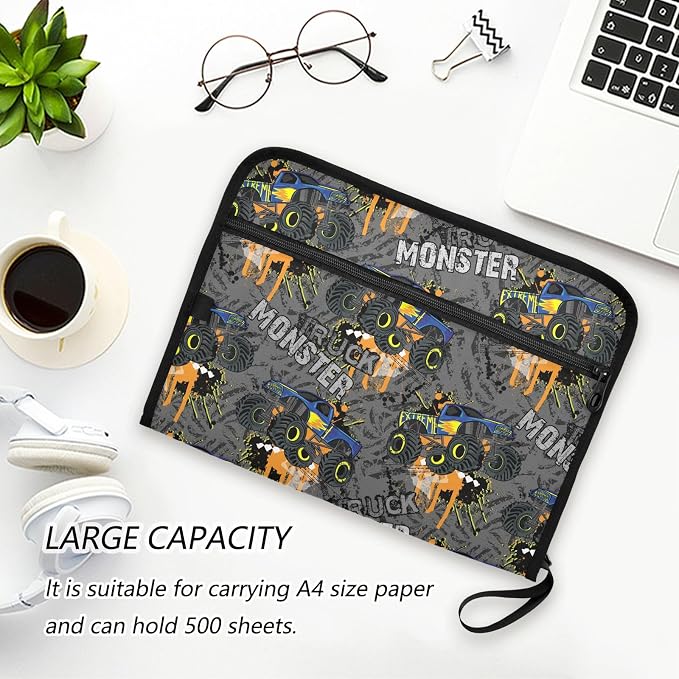 Monster Truck Car File Folders,Plastic Folders with 13 Pockets,Expandable File Folder for Documents School Students Office,Aesthetic Folder with Labels A4 Letter Size