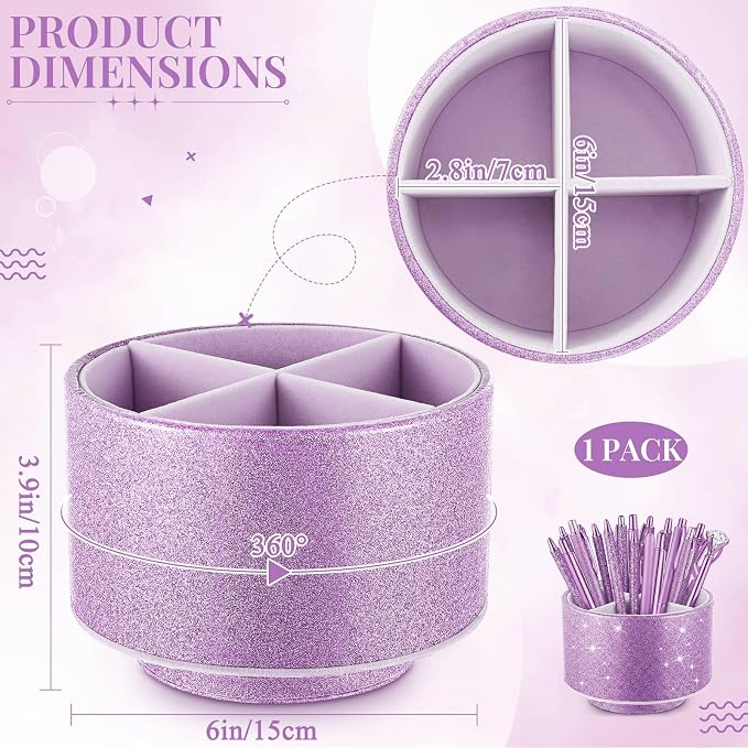 Epakh PU Leather Glitter Pen Holder 360 Degree Spinning Purple Bling Pencil Cup Gift for Teacher Women Girls Makeup Brush Organizer Cup Desk Office Classroom Home Back to School Festival (6 Inch)