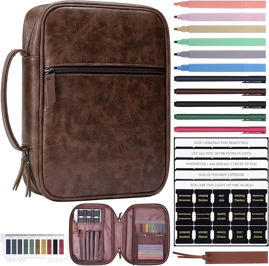 XKDOUS Leather Bible Cover Book Carrying Case Classic Church Bag Holder Portable Study Supplies Organizer with Handle, Pockets Father Day Christian Gift for Dad, Men, Women, Friends