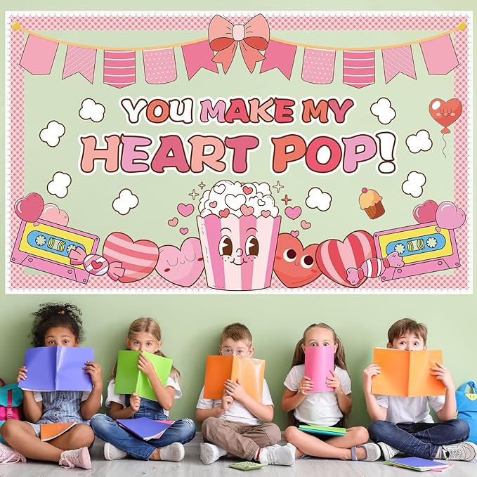 Valentine's Day Bulletin Board Set You Make My Heart Pop Happy Valentine’s Day Classroom Decoration Candy Heart Bow Popcorn Poster Cutouts for Class School Home Office Chalkboard Wall Door Decor