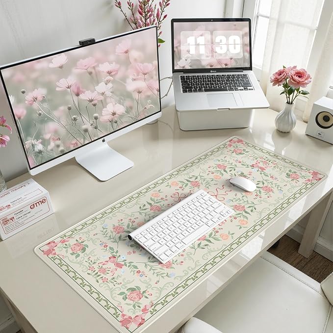 HAOCOO Cute Floral Desk Mat, Large Waterproof Mouse Pad, Girly Desk Matt for Desktop, 35.4" x 15.7" Non-Slip Keyboard Pad, Computer Mat with Stitched Edge, Office Decor Home Desk Accessories (Green)