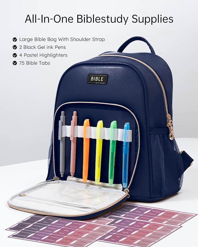 Premium Bible Backpack Set for Women - Stylish Checkered PU Leather Bible Bag with 72 Bible Tabs, 4 Highlighters & 2 Pens - Ideal for Church, Study & Travel