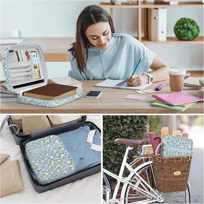 FINPAC Bible Cover, Carrying Book Case Church Bag Bible Protective with Handle and Zippered Pocket, Gift for Mother Lady Women, Floral Dusty Blue