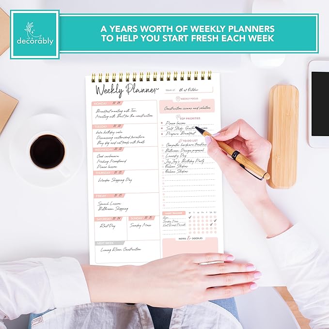 Decorably 52 Sheets Nude Pink Undated Weekly Planner Notepad Tear Off, 6.5x10in Spring-Bound Design, With Focus, Priorities, To Do List, Habit Tracker, Notes and Doodles - Home, School, Office