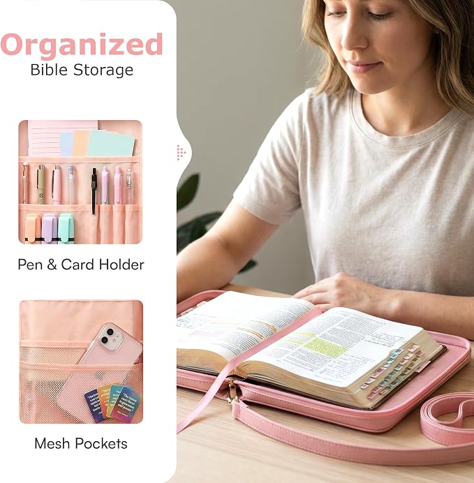 Bible Cover Case for Women - Bible Case with Shoulder Strap, Pink Bible Cover Standard Size Featuring Book Protector with Turn Lock Closure - Durable & Travel Friendly Design that Fits Most Bibles