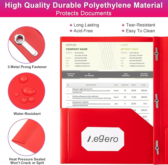 Aegero Folders with Pockets and Prong with Fasteners (6 Pack,Green),Durable Plastic Pocket Folders with Prongs,Tear Resistant,2 Pocket 3 Prong Folders for Schoolwork & Office,Letter Size