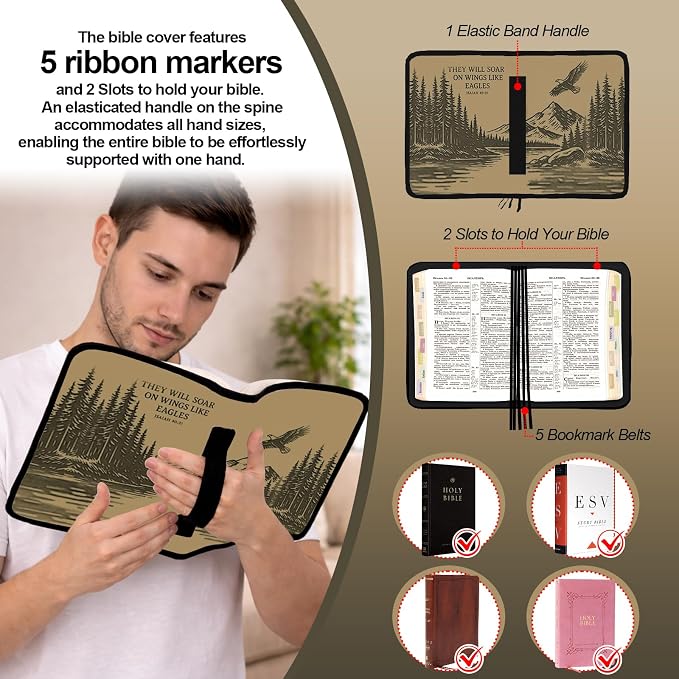 Eagle Bible Cover Case for Men Boys,Large Bible Bag Carrying Case with Strap & Handle Zipper Pocket, Bible Study Supplies Journaling Kit, Pens Highlighters Cross Clips Tabs Christian Gift