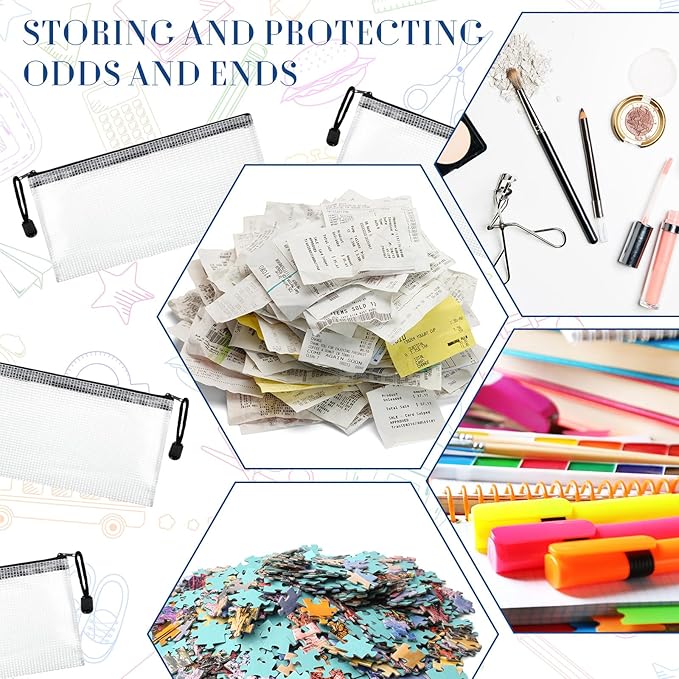 Sherr 120 Pcs Mesh Zipper Pouch A6 Pencil Pouches Bulk Small Clear Mesh Bags with Zipper 9.45'' x 4.53'' Waterproof File Bag Pencil Case for School Office Travel Organization(White and Black)